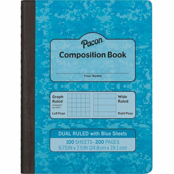 Pacon Dual Ruled Composition Book, Blue, 1/4in. Grid & 3/8in. Wide Ruled, 100 Sheets Per Book, 12PK MMK37160 - main