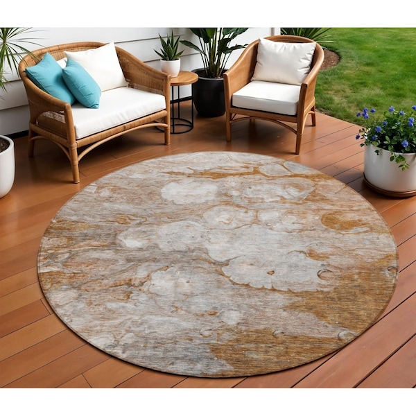 Homeroots 8' Terra Cotta Gray And Silver Round Abstract Washable Indoor Outdoor Area Rug 582184 - main