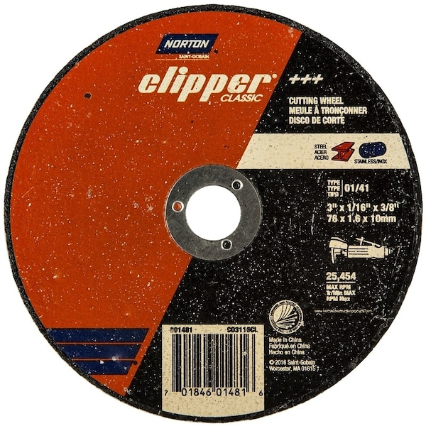 Norton Clipper Abrasive Cut-Off Wheel, Type 1, 3 in Dia, 1/16 in Thick, 3/8 in Arbor Hole Size, Aluminum Oxide 70184601481 - main