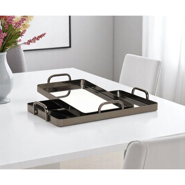 Homeroots Set of Two Pewter Aluminum And Mirrored Glass Handmade Serving Trays 625662 - main