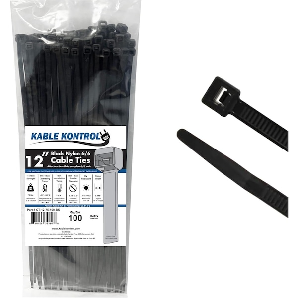 Kable Kontrol Black Cable Zip Ties - UV Resistant, 12 in L, 3.15 in Max Bundle Dia., Black, Nylon 6-6, 100 PK CT-12-75-100-BK - main