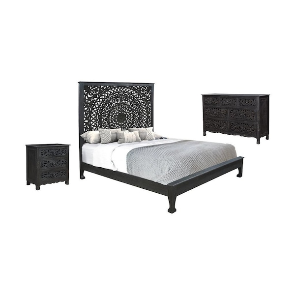 Homeroots Three Piece Black Solid Wood Bedroom Set 643650 - main