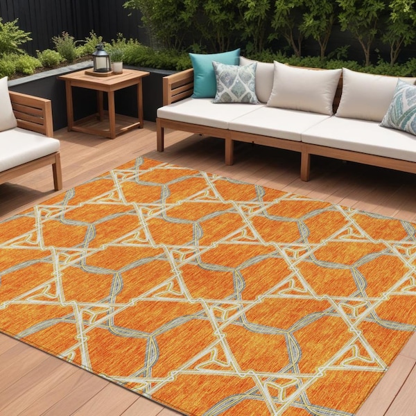 Homeroots 8' X 10' Orange And Blue Geometric Washable Indoor Outdoor Area Rug 613515 - main
