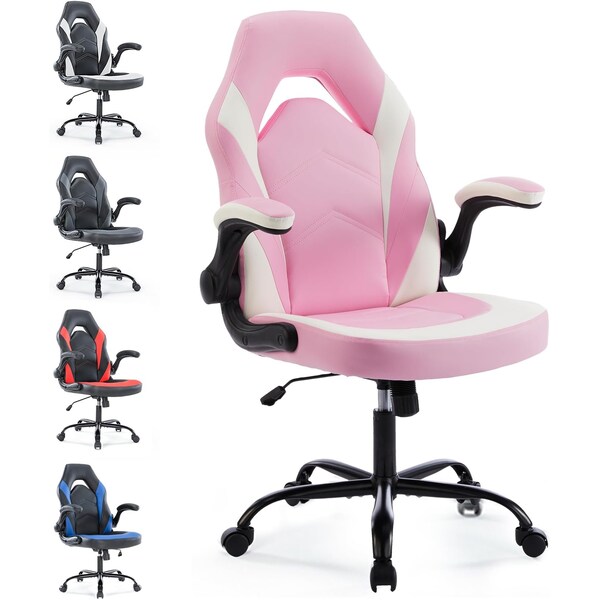 Yssoa Ergonomic Gaming Desk Chair - Adjustable PU Leather Swivel Racing Chair with Flip-up Armrests for H 3A88FNCHARGAMEPNK - main