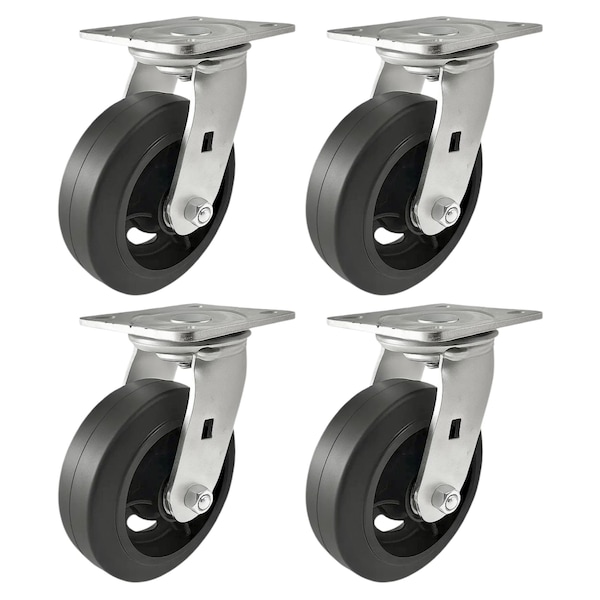 Hyw Products Heavy Duty Caster Set 6in Rubber on Cast Iron Wheels, 4 Swivel, 4PK 40-60S-A1-RC-4 - main