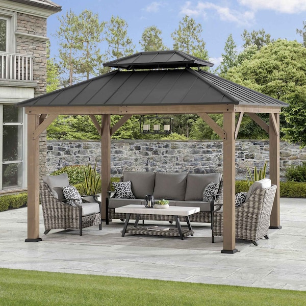 Sunjoy 10x12 ft. Wood Gazebo, Outdoor Patio Steel Hardtop Gazebo, Cedar Framed Wooden Gazebo, Dark Brown A1020326Q0 - main