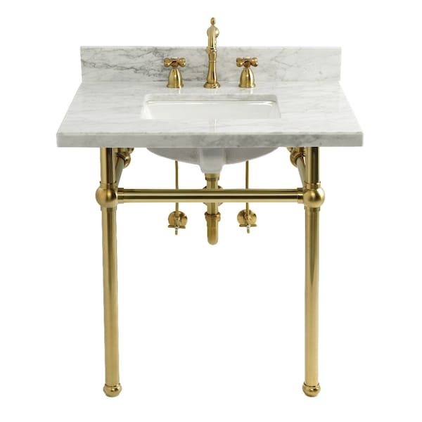 Kingston Brass 30" Carrara Marble Console Sink Set w/ Faucet in Carrara Marble White/Brushed Brass CKVPB3030MBSQ7 - main