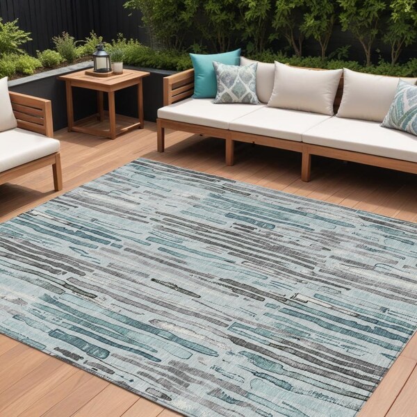 Homeroots 8' X 10' Teal Blue And Gray Striped Washable Indoor Outdoor Area Rug 617701 - main
