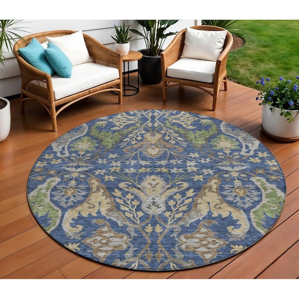 Homeroots 8' Navy Blue Green And Brown Round Floral Washable Indoor Outdoor Area Rug 605291 - main