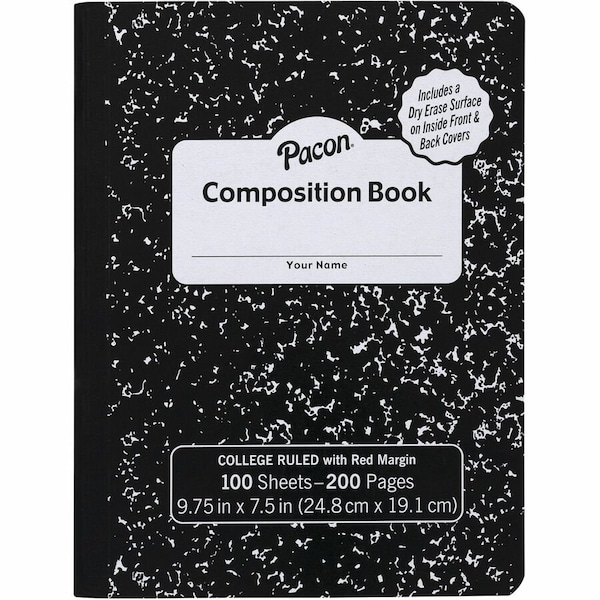 Pacon Composition Book, Black Marble, 9/32 in ruling with red margin 9-3/4in. x 7-1/2in., 100 Sheets, 6PK PMMK37106DE - main