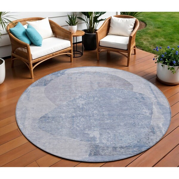 Homeroots 8' Sky Blue And Denim Blue Round Abstract Washable Indoor Outdoor Area Rug 615712 - main