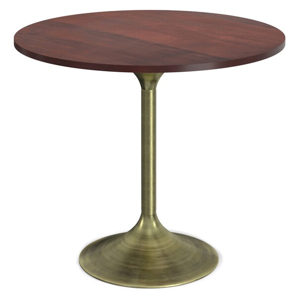 Homeroots 36" Walnut and Brass Solid Wood and Iron Pedestal Base Round Top Dining Table 640686 - main