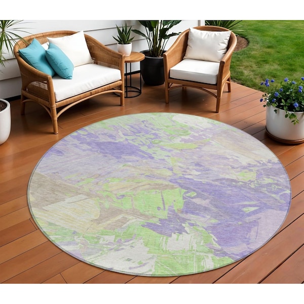 Homeroots 8' Lavender Mint Green And Beige Round Abstract Washable Indoor Outdoor Area Rug 618546 - main