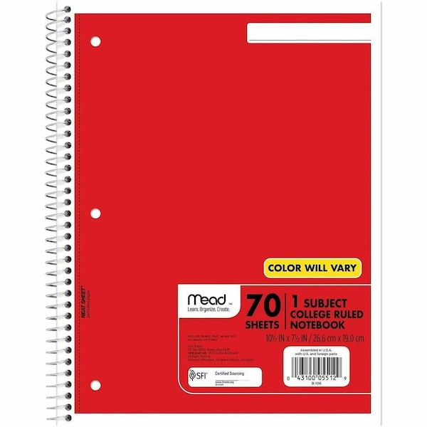 Mead 8 in. W X 10-1/2 in. L College Ruled Spiral Assorted Notebook 05512 - main