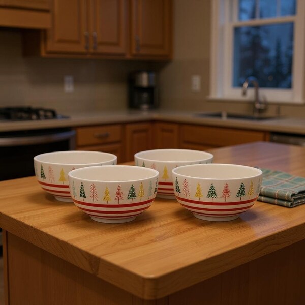 Homeroots Set of Four 6" White Green And Red Ceramic Christmas Trees Round Candy or Nut Bowls 638947 - main