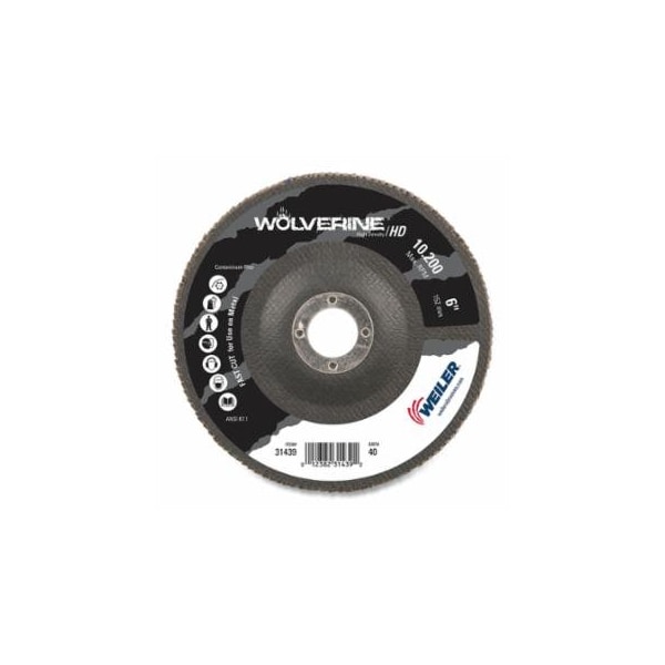 Weiler Wolverine, Abrasive Flap Disc, 6 in dia, 40 Grit, 7/8 in arbor, 10200 RPM, 10PK 804-31439 - main