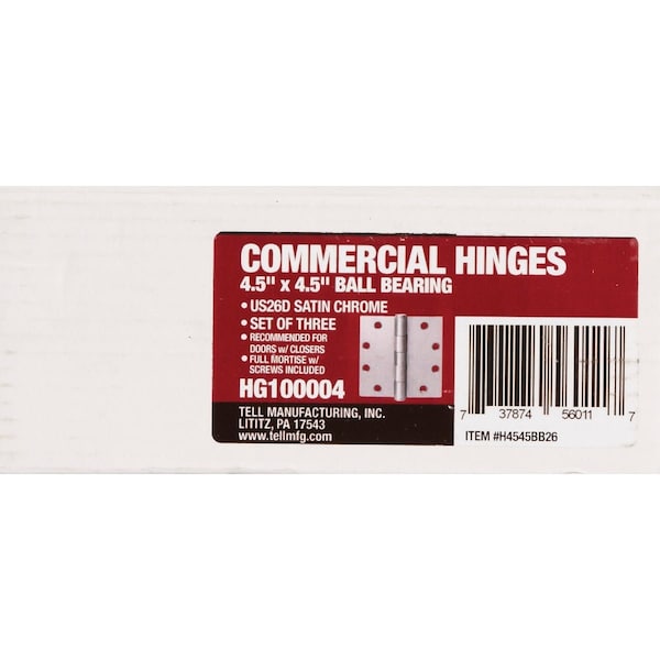 Tell Commercial 4-1/2'' Square Satin Chrome Ball Bearing Door Hinge, 3PK HG100004 - main