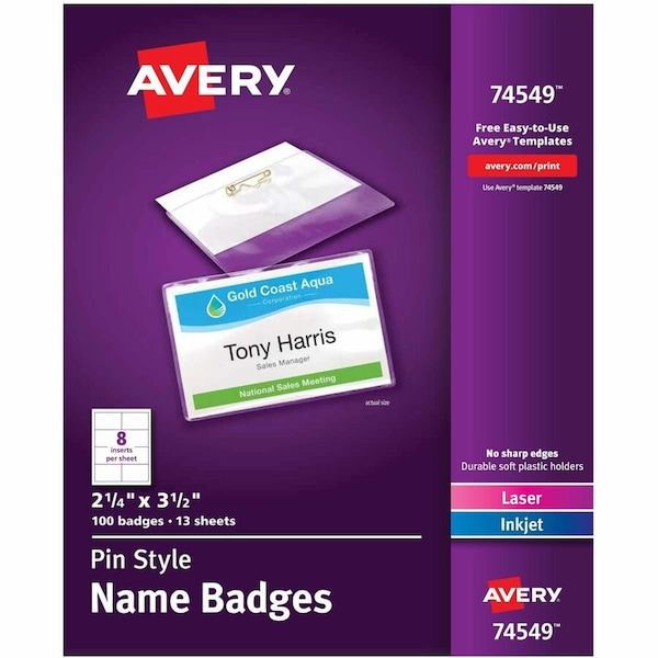 Avery Pin Style Name Badges, 2-1/4" x 3-1/2", Clear, 100/Box 74549 - main