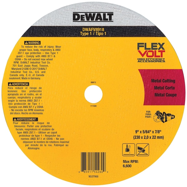 Dewalt Abrasive Cut-Off Wheel, Type 1, 9 in Dia, 0.0781 in Thick, 7/8 in Arbor Hole Size, Ceramic, 60 Grit DWAFV8918 - main