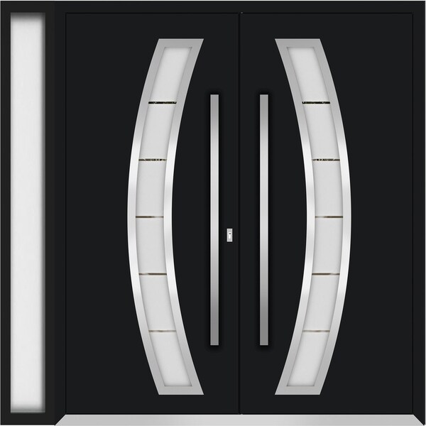 Vdomdoors Metal Double Doors Deux 6500 Black Enamel Frosted Glass 1 Sidelight Entry Modern Painted 84x96 (W72 DEUX6500DEXD-BLK-W72+12xH96-LH-O - main
