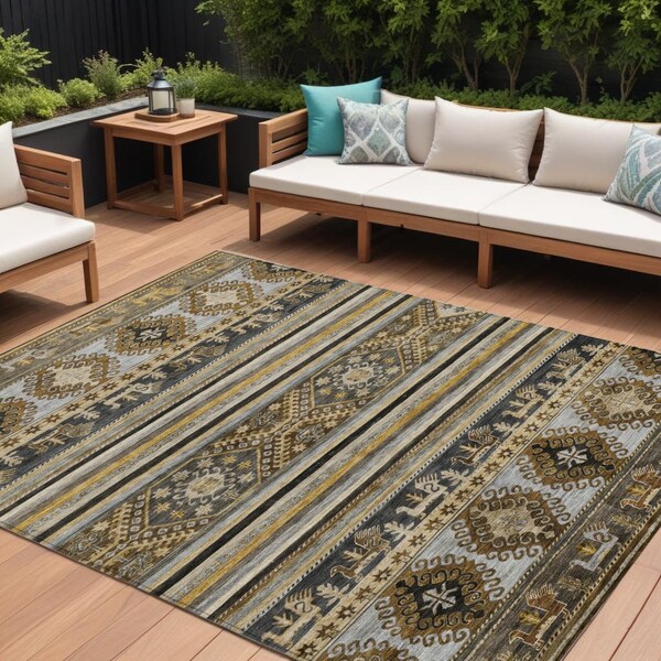 Homeroots 8' X 10' Chocolate Taupe And Gold Tribal Washable Indoor Outdoor Area Rug 615407 - main