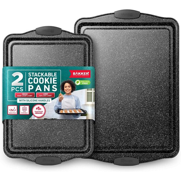 Bakken- Swiss BAKKEN 2-Piece Nonstick Cookie Sheet Set, Medium and Large, Gray Silicone Handles, Oven Safe BKB22GRYMAR - main