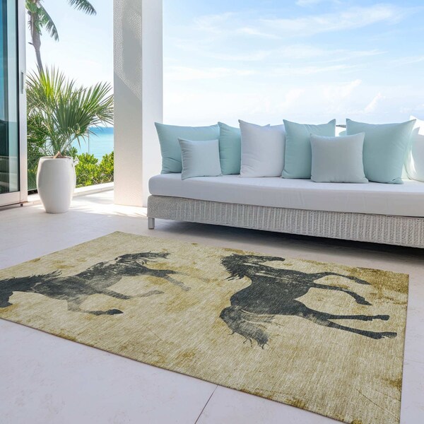 Homeroots 9' X 12' Gold And Charcoal Horse Washable Indoor Outdoor Area Rug 618653 - main