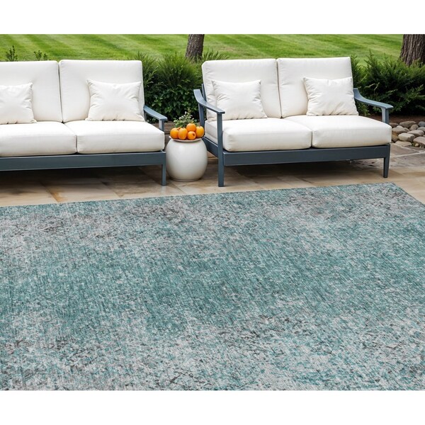 Homeroots 10' X 14' Teal Blue Gray And Charcoal Oriental Washable Indoor Outdoor Area Rug 588845 - main