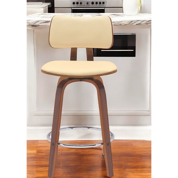 Homeroots 26" Cream And Wood Brown Faux Leather Swivel Low Back Counter Height Bar Chair 534431 - main