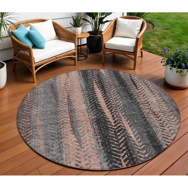 Homeroots 8' Blue Charcoal And Copper Round Botanical Leaves Washable Indoor Outdoor Area Rug 581950 - main
