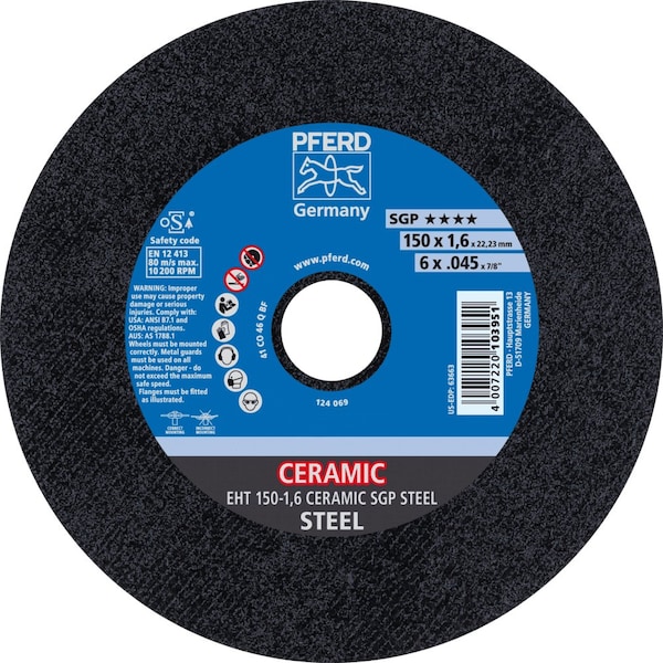Pferd Cut-Off Wheel, Type 1, 6 in Dia, 0.045 in Thick, 7/8 in Arbor Hole Size, Ceramic CO 63663 - main