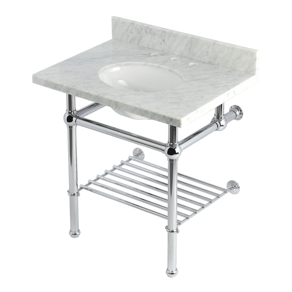 Kingston Brass 30-Inch Carrara Marble Console Sink with Brass Legs and Shelf, 8-Inch, 3-Hole KVPB3030MBB1 - main