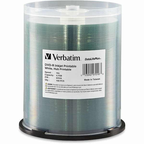 Verbatim Americas Verbatim 97016 DVD Recordable Media - DVD-R - 16x - 4.70 GB - 100 / Pack - White 97016 - main
