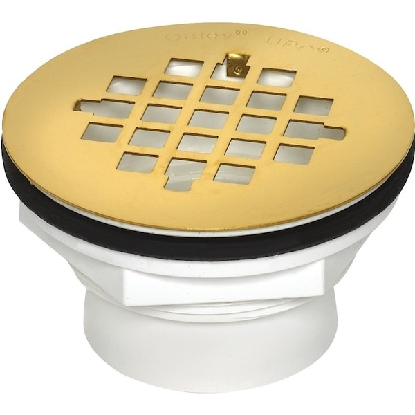 Oatey PVC Shower Drain with Polished Brass Strainer, PVC, White, For: 2 in SCH 40 DWV Pipes 42078 - main