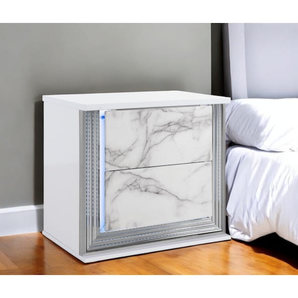 Homeroots 25" White Wood Faux Marble Solid and Manufactured Wood Lighted Two Drawer Nightstand with USB Port 564663 - main
