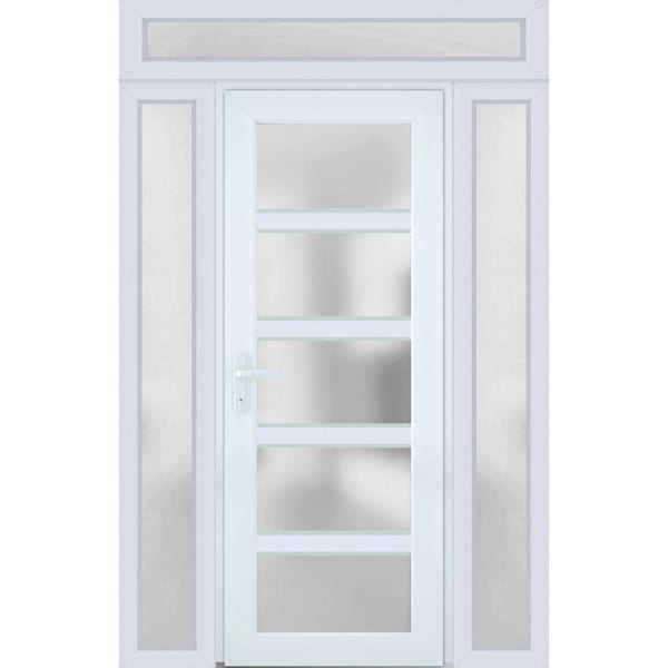 Vdomdoors Front Exterior Prehung FiberGlass Door Frosted Glass / Manux 8002 White Silk / 2 Sidelight and Tran MANUX8002EXD-WS-W12+36+12 x H80+14-RH - main