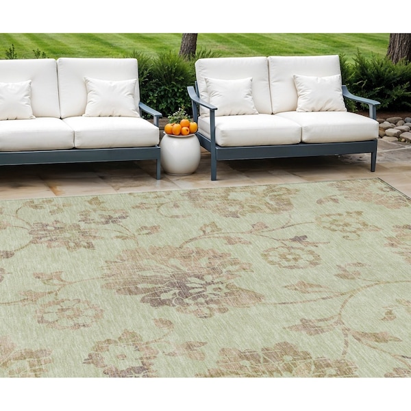 Homeroots 8' X 10' Artichoke Green Mint Green And Taupe Floral Washable Indoor Outdoor Area Rug 589449 - main