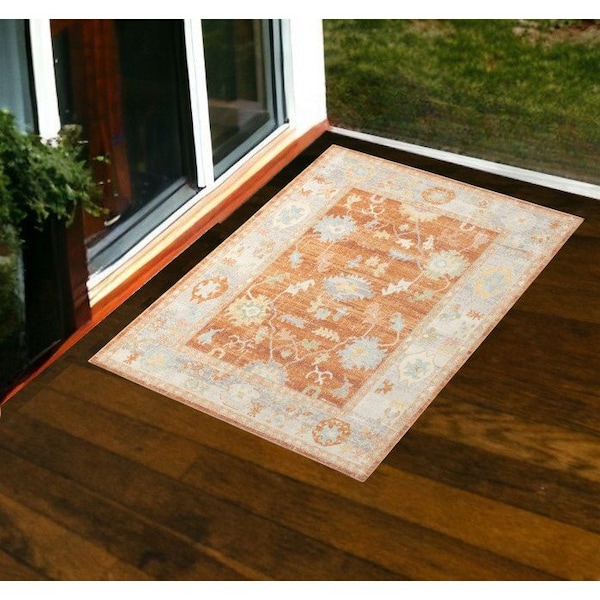 Homeroots 2' X 3' Blue and Orange Floral Stain Resistant Indoor Outdoor Area Rug 531500 - main