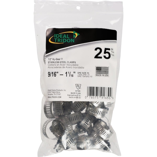 Ideal Tridon Ideal HY-GEAR 1/2'' To 1-1/16'' SS Worm Gear Hose Clamps, 25-Piece 6710550 - main
