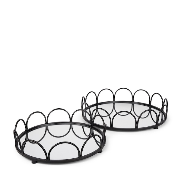 Homeroots Set of Two Black And Silver Metal And Mirrored Glass Round Vanity Trays 608713 - main
