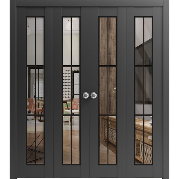 Sartodoors Sliding Closet Double Bi-fold Doors, Lucia 2366 Matte Black with Clear Glass and Aluminum Strips, LUCIA2366DBF-BLK-96 x 80 (4* 24x80) - main