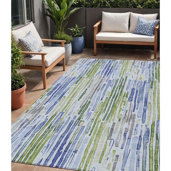 Homeroots 5' X 8' Sky Blue And Fern Green Striped Washable Indoor Outdoor Area Rug 617693 - main