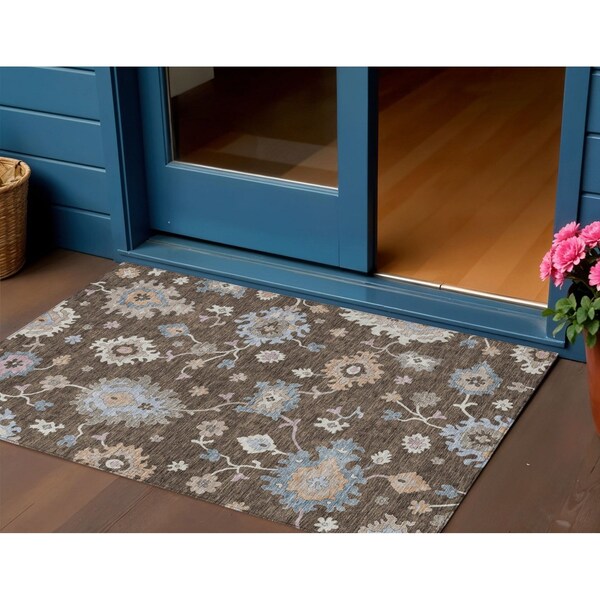 Homeroots 3' X 5' Chocolate Beige And Blue Floral Washable Indoor Outdoor Area Rug 606146 - main