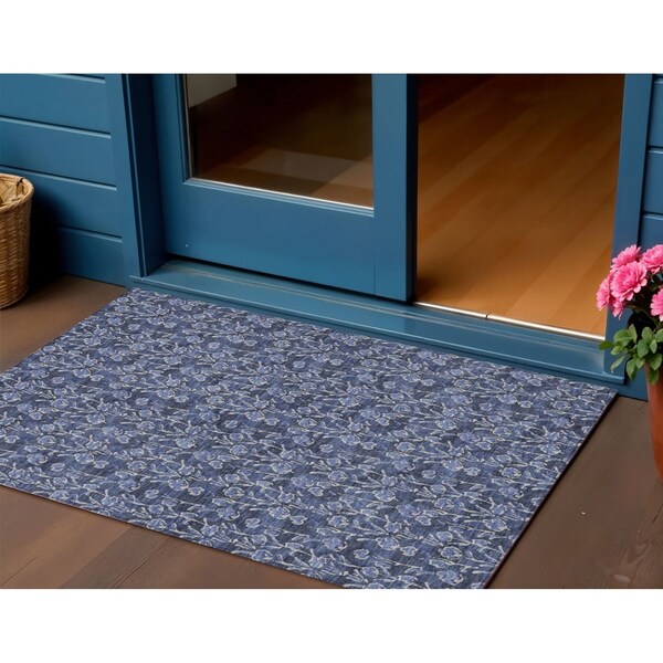 Homeroots 3' X 5' Navy Blue Denim Blue And Ivory Floral Washable Indoor Outdoor Area Rug 581906 - main