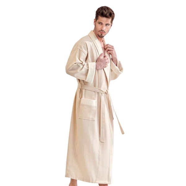 Towelsoft Unisex Men's Luxury Waffle Beige Bathrobe, Velour Shawl, 100% Cotton One Size RM-MEN-WFL-VLR-BG - main