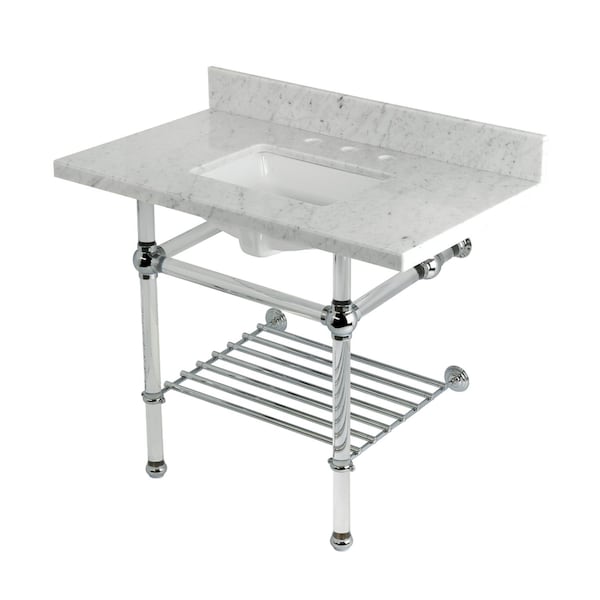 Kingston Brass 36-Inch Carrara Marble Console Sink with Acrylic Legs and Shelf, 8-Inch, 3-Hole KVPB3630MASQB1 - main