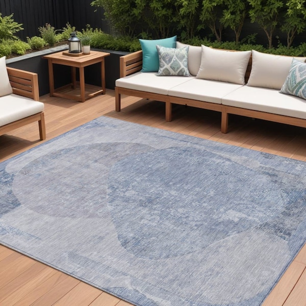 Homeroots 8' X 10' Sky Blue And Denim Blue Abstract Washable Indoor Outdoor Area Rug 615713 - main