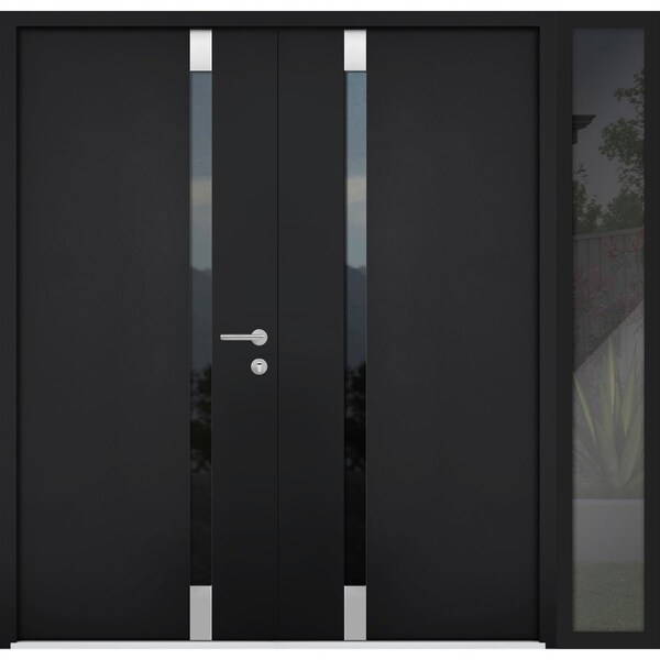 Vdomdoors Steel Double Doors Cynex 6777 Black Sidelight Exterior Window Stainless Inserts Single Modern Paint CYNEX6777DEXD-BLK-LH-O-W72+14 x H80 - main