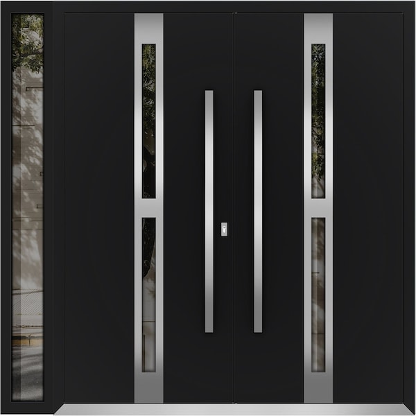 Vdomdoors Metal Double Doors Deux 1755 Black Enamel Opaque Black Glass 1 Sidelight Entry Modern Painted 86x80 DEUX1755DEXD-BLK-W72+14xH80-RH-O - main