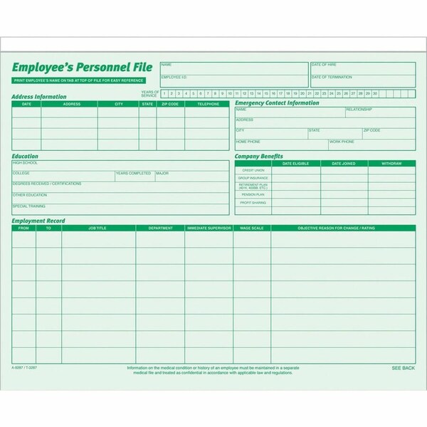 Tops Business Forms Tops Employee Record File, 25-3/4" x 9-1/2", Green, 20/Pack 3287 - main